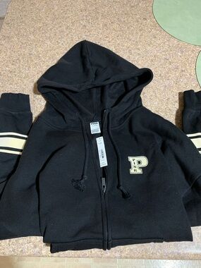 PINK Victoria's Secret Black Zip Hoodie with Cream Patch